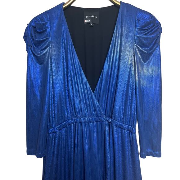 Retrofête Flora Sz Small Metallic Blue Wrap Dress Evening Cocktail High Low - Picture 7 of 15